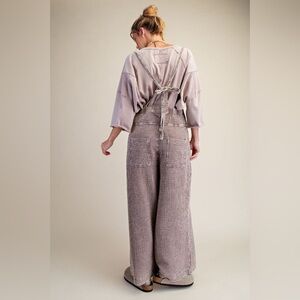 Easel Wide Leg Overalls Boho Washed Cotton Jumpsuit Pockets NWT Mushroom Tan